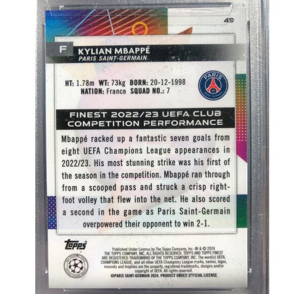 2023 Topps Finest UCC Green Lava Refractor #49 Kylian Mbappe PSG /99 PSA 9 Pop 7 - Picture 6 of 6